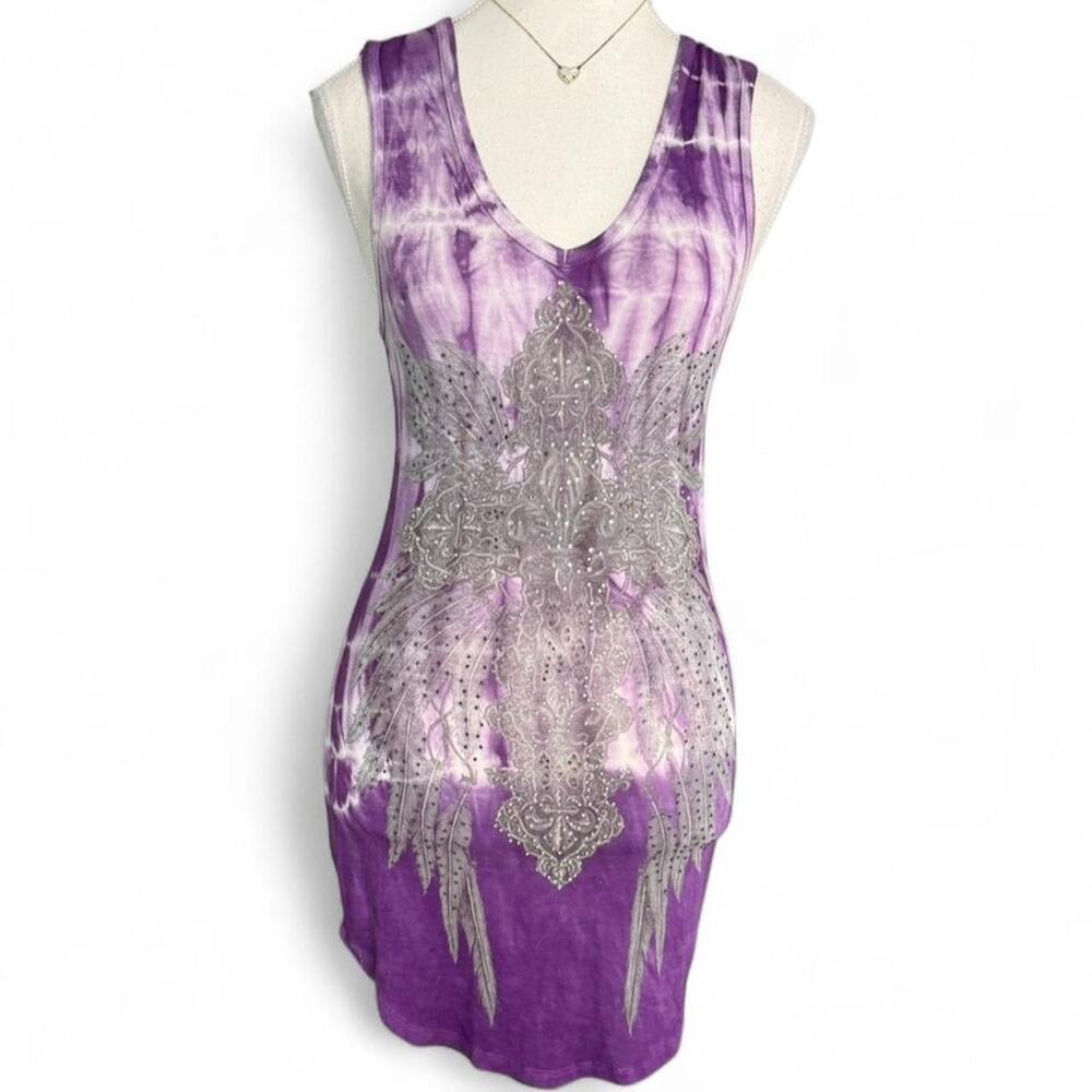 Vocal Early 2000s Y2K boho Purple tie-dye tank top rhinestone angel wings Size S